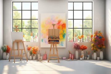 Inside the artist's studio are painting supplies, various pictures, frames, brushes, and paints. The space is bright and creatively inspiring, with a beautiful view from the window.
