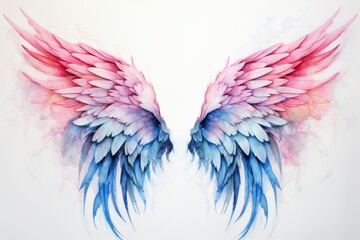 Beautiful magic watercolor blue pink wings. - obrazy, fototapety, plakaty