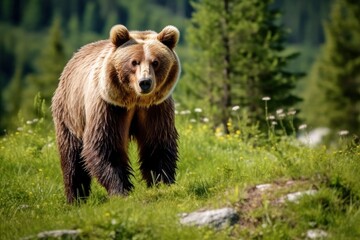 Brown bear moving on the green meadow in springtime nature.