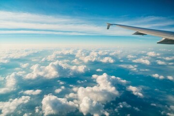 Fototapeta na wymiar A breathtaking view of the sky from an airplane window, with fluffy white clouds floating against a backdrop of serene blue. The sun's rays peek through the clouds, casting a warm glow on the horizon
