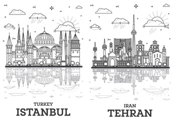 Fototapeta premium Outline Tehran Iran and Istanbul Turkey City Skyline set with Historic Buildings and Reflections Isolated on White.