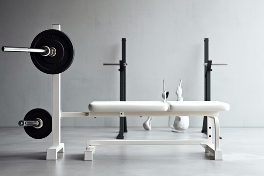 White gym bench with barbell. Generative AI