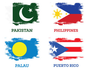 Puerto Rico, Philippines, Palau and Pakistan Flags set with Brush Strokes.