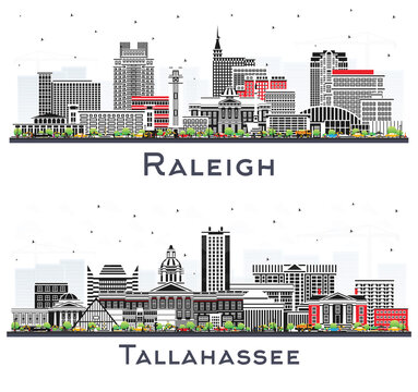 Tallahassee Florida and Raleigh North Carolina City Skyline set with Color Buildings Isolated on White. Cityscape with Landmarks.