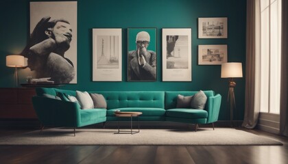 Modern living room with a teal sofa and several framed art pieces on the wall.