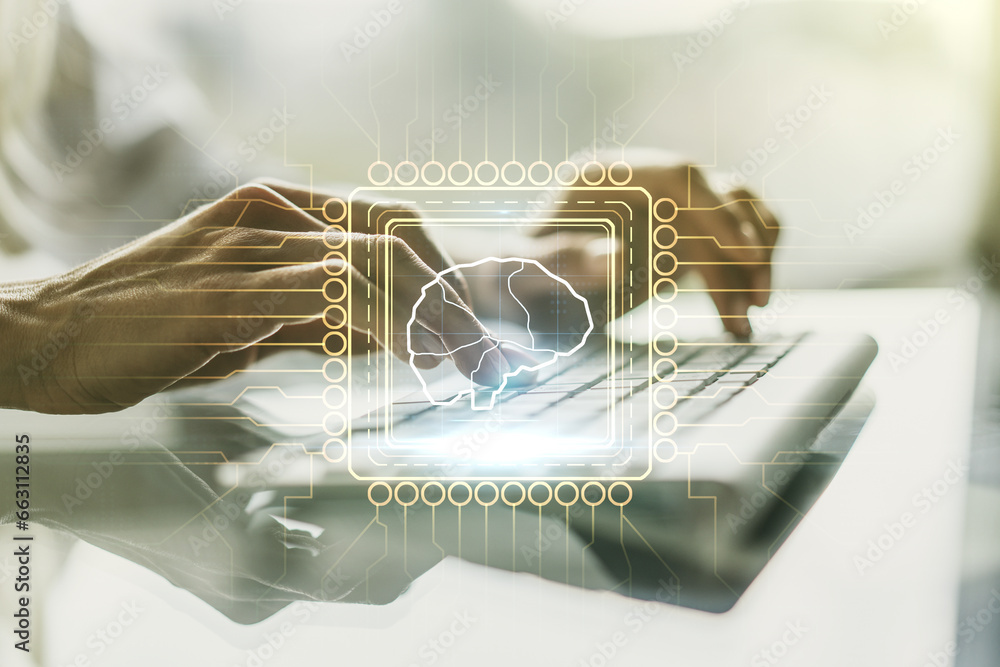 Aufkleber creative artificial intelligence concept with human brain hologram and hands typing on laptop on bac