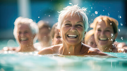 Active senior women enjoying aqua fit class in a pool, displaying joy and camaraderie, embodying a healthy, retired lifestyle. Exercise in water.
