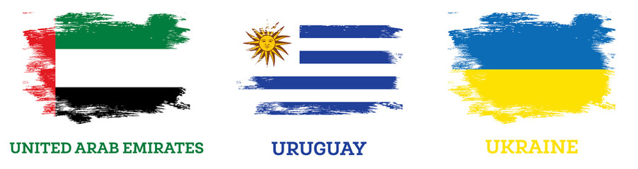 Uruguay, Ukraine and United Arab Emirates Flags set with Brush Strokes. Independence Day.