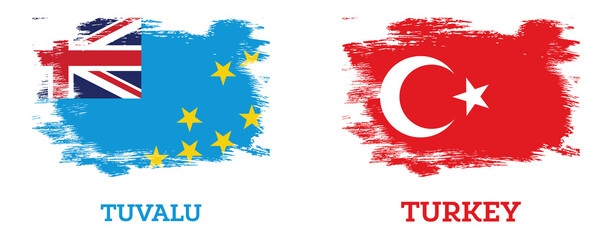 Turkey and Tuvalu Flags set with Brush Strokes. Independence Day.