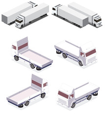 Isometric White Cargo Truck Transportation Isolated on White. Front and Back View. Modern Delivery Truck Vehicle. Car For The Carriage Of Goods.