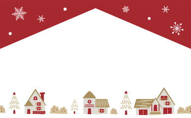 おしゃれなクリスマスやホリデーシーズンのコピースペースのある雪のふる冬の街並み_手描き風ベクターイラストフレーム・背景_家
