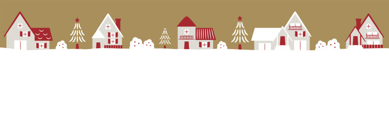 おしゃれなクリスマスやホリデーシーズンのコピースペースのある雪のふる冬の街並み_手描き風ベクターイラストフレーム・背景