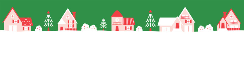 シンプルおしゃれなクリスマスやホリデーシーズンのコピースペースのある雪のふる冬の街並み_手描き風ベクターイラストフレーム・背景