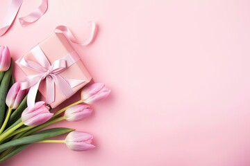 Obraz na płótnie Canvas Mother's Day concept. Pink gift box with ribbon bow and a bouquet of tulips.