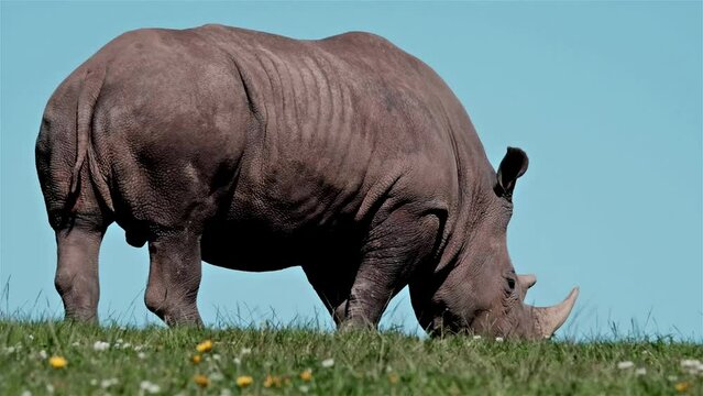 Rhino with horns in tact on a green field with a blue sky eating grass