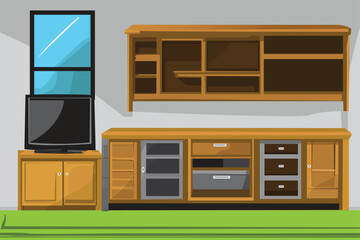 Living room Vector Cartoon With Television And Cupboard Display