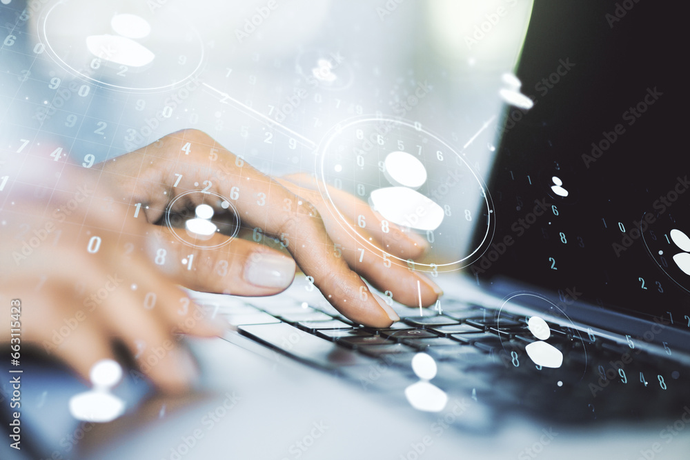 Poster double exposure of social network icons concept with hand typing on computer keyboard on background.