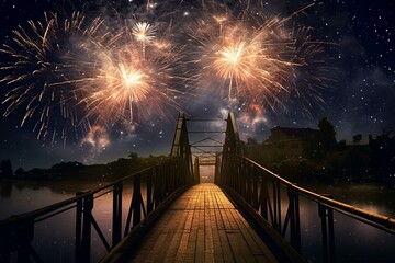 Fireworks illuminate the night sky above a deserted bridge. Generative AI