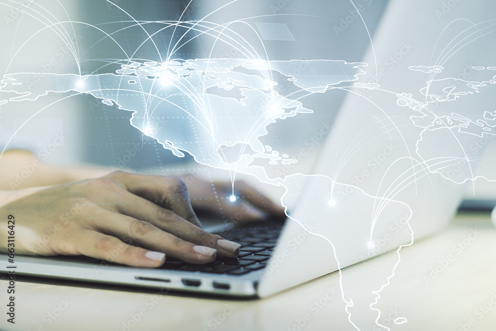 Poster double exposure of abstract digital world map with connections and hand typing on computer keyboard 