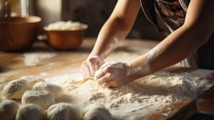 Close-up of a housewife kneading dough and making the gluten very elastic. With a chicken egg on the back. - obrazy, fototapety, plakaty