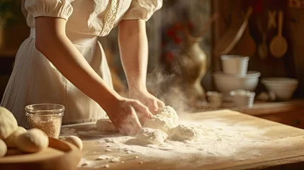 Rolgordijnen Close-up of a housewife kneading dough and making the gluten very elastic. With a chicken egg on the back. © somchai20162516