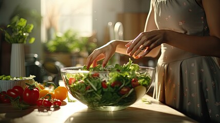 Close-up of a housewife making salad on the kitchen counter