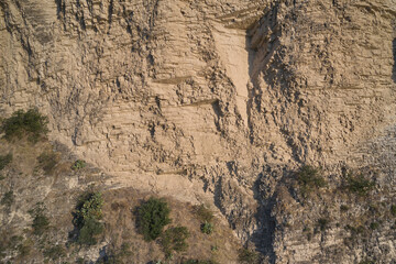Part of beige rocks with green plants. Beige Rock Texture close-up.