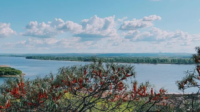 Picturesque view of the Kama River from the observation deck at the Yelabuga settlement. The movement of clouds over the river. Lower Kama National Park. Yelabuga, Republic of Tatarstan, Russia, 4K