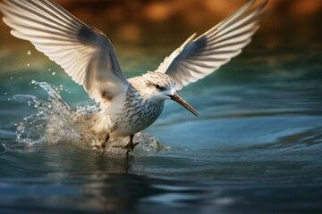 A detailed view of a sandpiper bird diving for food in a lake, captured at eye level. Generative AI