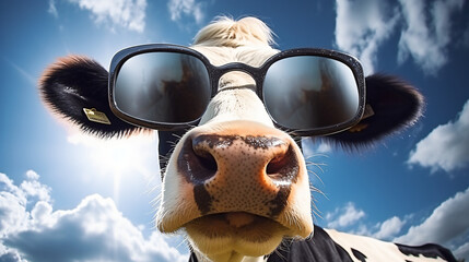 Funny cow sunglasses farm - obrazy, fototapety, plakaty
