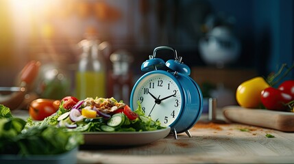 blue alarm clock highlighted On the side is a healthy meal with salad and vegetables on the table