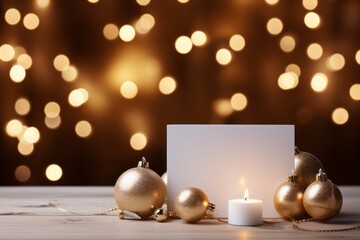 A white postcard blank mockup for place design template within glossy golden balls decoration and scented candle on a light brown table with Christmas party gorgeous bokeh background