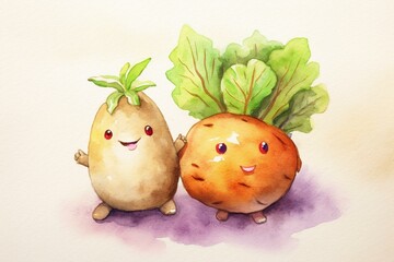Obraz na płótnie Canvas Illustration of konjac potatoes and konjac using watercolor pencils. Generative AI