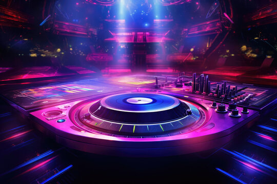 A DJ's turntable illuminated by vibrant lights in a dimly lit room