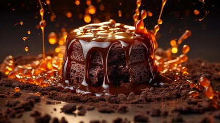 a melting chocolate lava cake, capturing the moment of its eruption