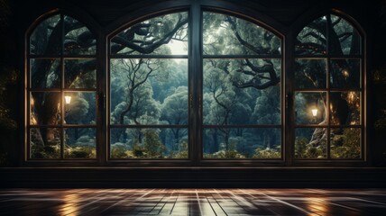 a large window with a night atmosphere