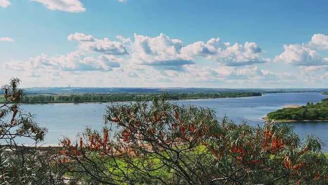 Picturesque view of the Kama River from the observation deck at the Yelabuga settlement. The movement of clouds over the river. Lower Kama National Park. Yelabuga, Republic of Tatarstan, Russia, 4K