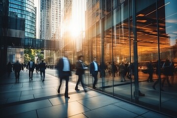 Motion blur photo of business people walking down a busy city street surrounded by towering skyscrapers created with Generative AI technology