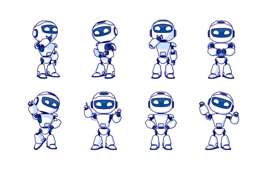 Robot character set for the animation with various poses. Vector illustration.