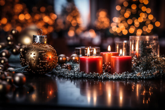 Enchanting Christmas Background Picture with Gifts, Boules de No&euml;l, Blurry Shiny Lights, and Magical Festive Ambiance