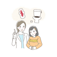 Illustration of a Girl and a Teacher Worried about Menstruation.