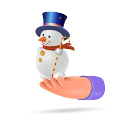 Cartoon hand holding a snowman, vector image on a white background.
