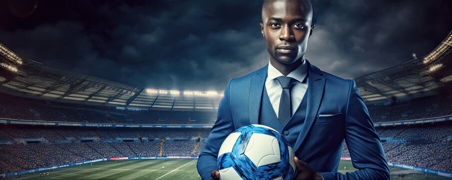 Soccer ball in african man hands against night football stadium. c