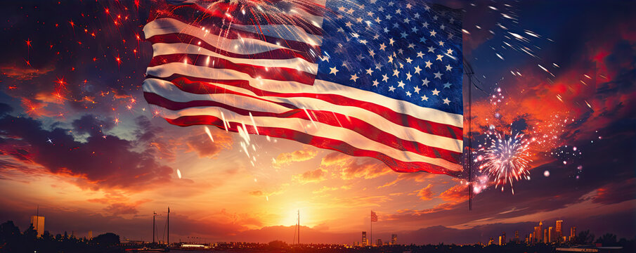USA Flag and fireworks at sunset light. American celebration days.