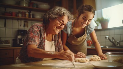 Happy grandmother kneading dough with daughter-in-law in the kitchen - obrazy, fototapety, plakaty
