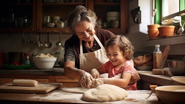 Happy grandmother kneading dough with daughter-in-law in the kitchen