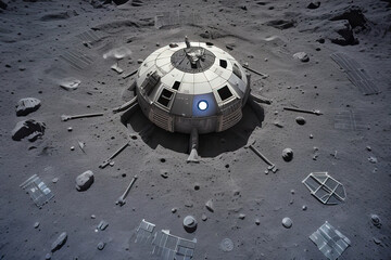 Partially buried alien spaceship, excavation site on the Moon, a
