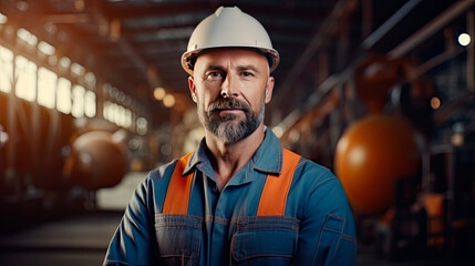 Portrait of a caucasian male engineer working in a factory - obrazy, fototapety, plakaty