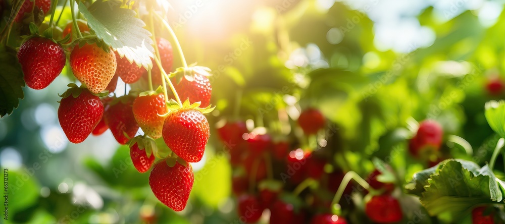 Sticker harvesting of fresh ripe big organic red strawberry fruit in garden. banner with strawberry plants i