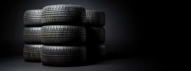 Fotobehang New car tires. Group of road wheels on dark background. Summer Tires with asymmetric tread design. Driving car concept. © Kowit